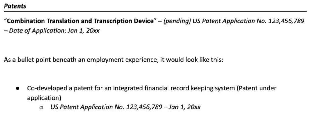 List Patents on Resume Example 3